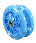 Close-up of blue 120mm LED inline skate wheels for outdoor and indoor use with bearings, durable plastic core, 8 pack