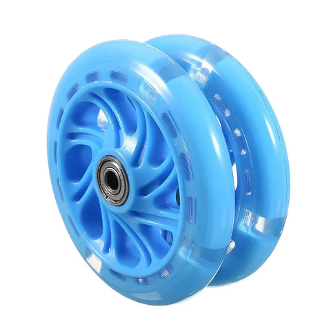 Close-up of blue 120mm LED inline skate wheels for outdoor and indoor use with bearings, durable plastic core, 8 pack