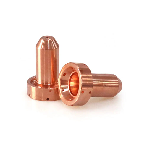 Close-up of 10 Pack 9-8210 Plasma Nozzles and 10 Pack 9-8215 Plasma Electrodes for Thermal Dynamics SL60 and SL100.
