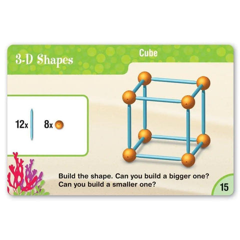 Totally Hands On Dive Into Shapes Sea Themed Geometry Set For Kids With Colorful Sticks And Curves To Build 2D And 3D Shapes Spark Creative Thinking And Boost STEM Skills cube activity card showing 12 sticks and 8 connectors