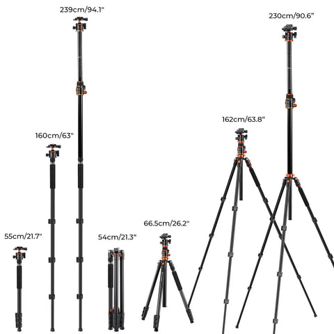 Ultra High 90 Inch Camera Tripod Kit with Flexible Legs, Patent Gimbal, various heights shown from 54cm to 239cm