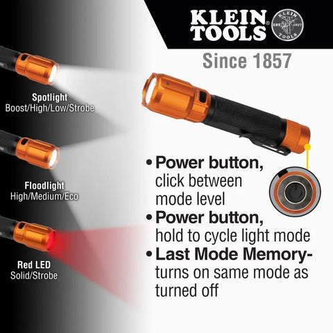 Diagram of Rechargeable 3 In 1 LED Flashlight With Spotlight Floodlight And Red LEDs 1000 Lumens USB Cable Included and button features