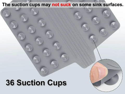 Close-up of grey double sink mat protector with 36 suction cups showing underside texture and flexibility.