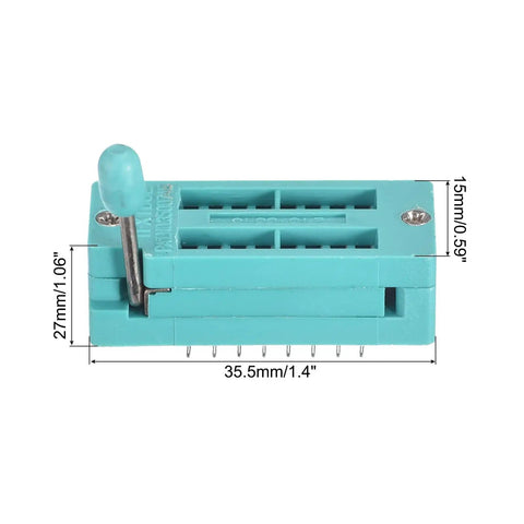 Universal 16 Pin ZIF IC Test Socket with 3.0mm pitch for microcontrollers, dimensions 35.5x15x27 mm, front view.