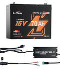 All In One 12V To 16V LiFePO4 Battery Charger 10A with wires, 70Ah battery pack, and IP65 waterproof design.
