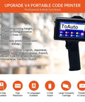 Heavy Duty Portable Handheld Inkjet Printer Gun With Smooth 5.6 Inch Touch Screen, showcasing various features and multilingual options.