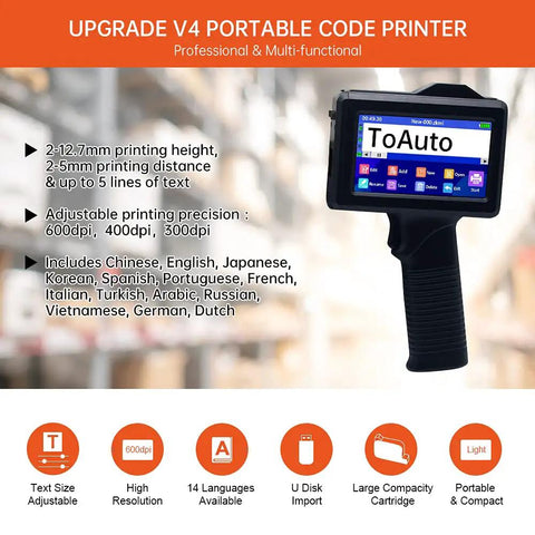 Heavy Duty Portable Handheld Inkjet Printer Gun With Smooth 5.6 Inch Touch Screen, showcasing various features and multilingual options.