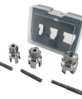 Seimneire 3 Pack Pipe Threading Kit For 1, 3/4 And 1/2 Inch Pipes featuring three metal cutters and drill bits in storage case.