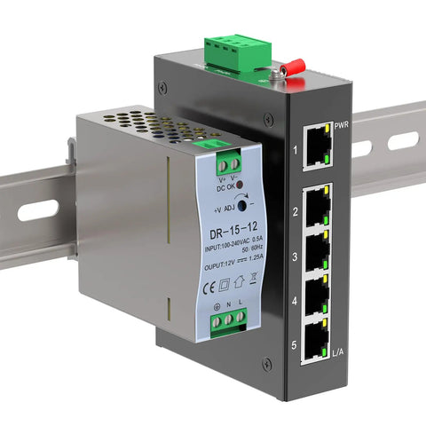 Mounted Five Port 100Mb Unmanaged Industrial Ethernet Switch With DIN Rail Mount 15W Power 10 100 Mbps Fast Ethernet