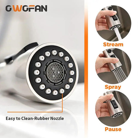 Brushed Nickel Kitchen Faucet With Pull Down Sprayer And 18 Inch Hose showcasing three spray modes: stream, spray, and pause.