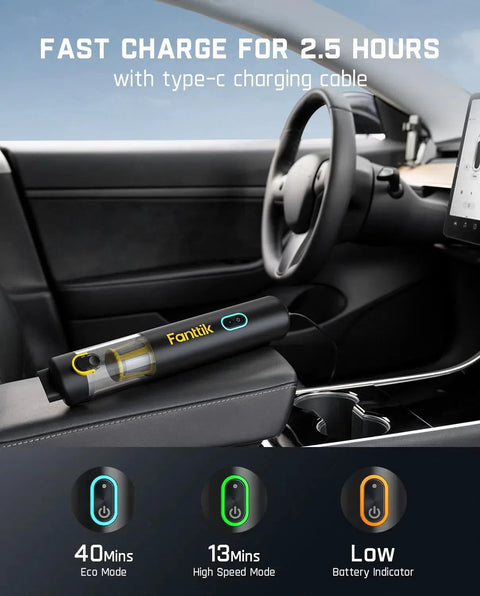 Fanttik Slim V8 APEX car vacuum, handheld cordless, black with yellow brand logo on car console.