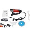 Super Tough 3000W Corded Electric Concrete Saw With Integrated Water Pump And Blazing 7000 RPM Motor for cutting tools and accessories setup.