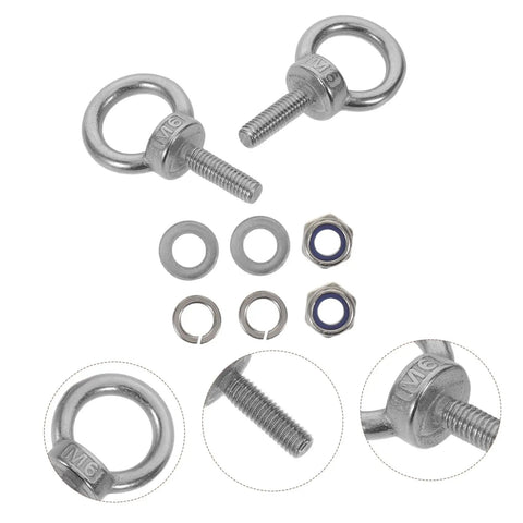 Heavy Duty Eye Bolts M6x20 With Flat Washer Spring And Nylon Nut Stainless Steel Construction For Tough Lifts Rock Solid Anchors And Rugged Mounts In Industrial Or Home Projects. stainless steel eye bolts with washers and nuts