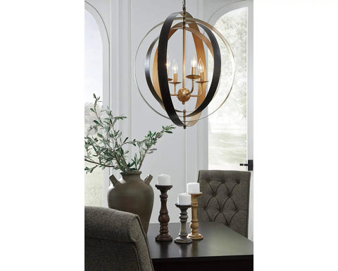 Contemporary Black And Gold Pendant Light With Intertwined Concentric Rings, 26.5 Inch hanging fixture in dining area
