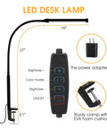 Diagram of LED Desk Lamp With Clamp And USB Adapter For Home Office with three modes, ten brightness levels, and gooseneck design