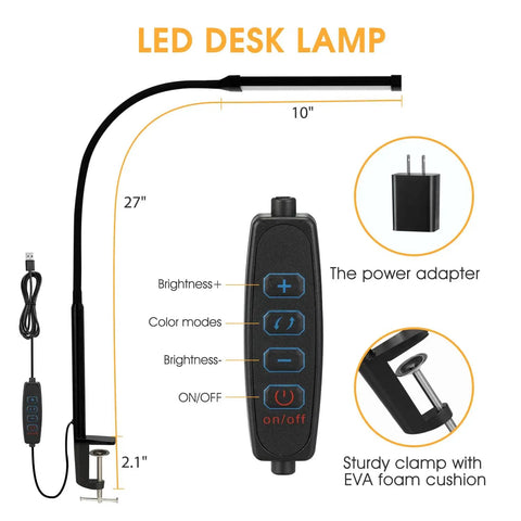 Diagram of LED Desk Lamp With Clamp And USB Adapter For Home Office with three modes, ten brightness levels, and gooseneck design
