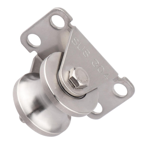 Close-up of Two Pack Groove Wheel Pulleys for Wall Mount Cable Pulley Systems in 304 Stainless Steel with Duplex Bearings includes screws