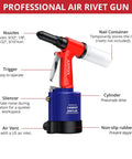 Heavy Duty Pneumatic Rivet Gun With 3097 LBF Pulling Power Air Riveter Kit With Four Nosepieces and labeled parts