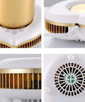 Two In One Desktop Beverage Warmer And Rapid Chiller Pad For Coffee Milk Tea And Hot Chocolate Fast Temperature Control Sleek Gold Finish close-up of control buttons and fan details.