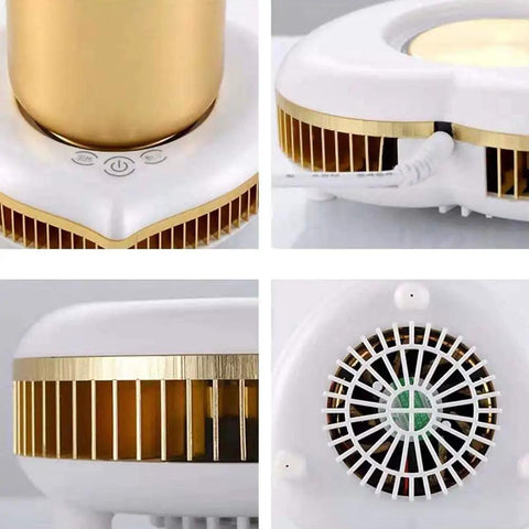 Two In One Desktop Beverage Warmer And Rapid Chiller Pad For Coffee Milk Tea And Hot Chocolate Fast Temperature Control Sleek Gold Finish close-up of control buttons and fan details.
