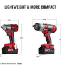 Brushless Half Inch Cordless Impact Wrench 20V With 3 Speeds Up To 370 Ft Lbs Torque 500 Nm and dimensions shown
