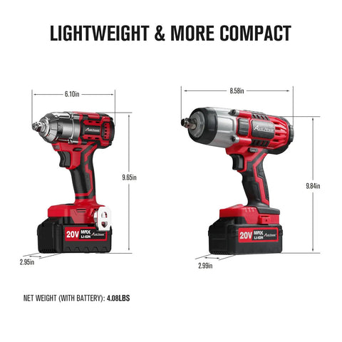 Brushless Half Inch Cordless Impact Wrench 20V With 3 Speeds Up To 370 Ft Lbs Torque 500 Nm and dimensions shown