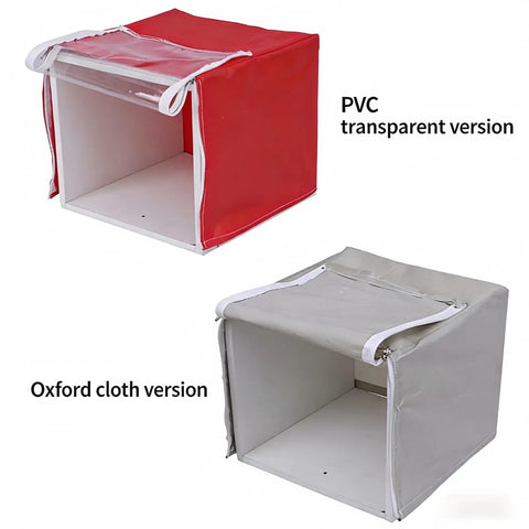 Made To Measure Heavy Duty Dust Cover For Tools Machines Electronics And Furniture Commercial Grade With Custom Logo Text Tough As Nails Protection For Workshop Garage And Studio showing PVC transparent and Oxford cloth versions