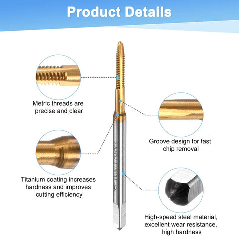 Detailed view of Four Pack M2x0.4mm Metric Thread Taps With Titanium Coated HSS Steel 44mm, showcasing precise threading and groove design.