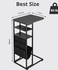 C Shaped End Table With Three Tiers And Storage Bag Easily Slides Under Sofa Or Bed Space Saving Couch Table black metal frame