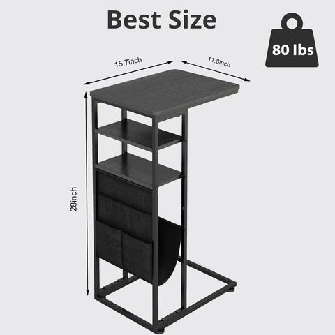 C Shaped End Table With Three Tiers And Storage Bag Easily Slides Under Sofa Or Bed Space Saving Couch Table black metal frame