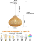 Boho Rattan Pendant Light D16.5 Inch Handwoven Wicker Chandelier dimensions and bulb compatibility details shown.
