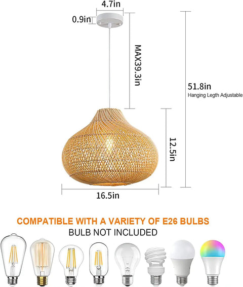 Boho Rattan Pendant Light D16.5 Inch Handwoven Wicker Chandelier dimensions and bulb compatibility details shown.
