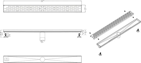 32 Inch Linear Shower Drain With Slick Black Matte Trim Guides Flow Fast Using Boss Level 14 Gauge 304 Stainless Steel, detailed installation diagram.