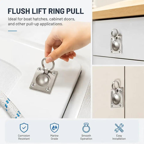 Close-up of 2 Pack Flush Ring Pulls For Boat Hatches And Marine Doors, Stainless Steel 316 Recessed Pull Handle in use on a boat hatch.