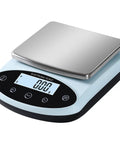 Precision Lab Scale 5000g x 0.01g Digital Balance for Laboratory and Jewelry Weighing with stainless steel platform, front view.