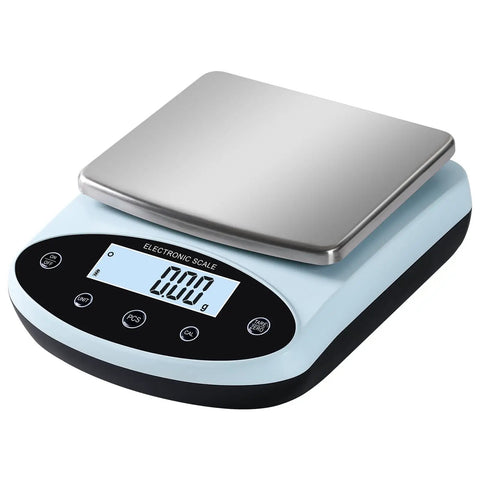 Precision Lab Scale 5000g x 0.01g Digital Balance for Laboratory and Jewelry Weighing with stainless steel platform, front view.