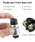 Hand holding Heavy Duty Push Button Momentary Starter Switch 12V To 24V 50A Weatherproof with black cap and zinc alloy housing.