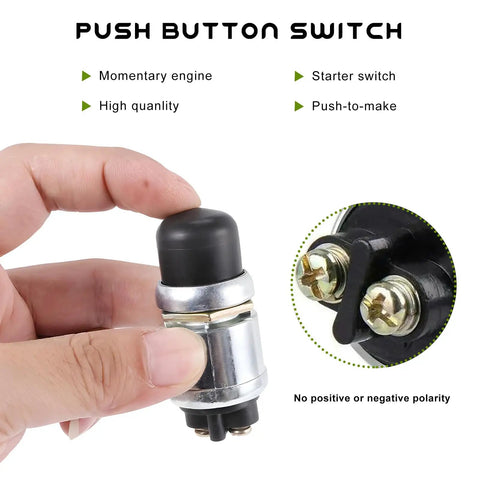 Hand holding Heavy Duty Push Button Momentary Starter Switch 12V To 24V 50A Weatherproof with black cap and zinc alloy housing.