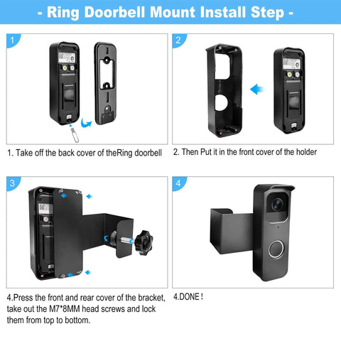 Step-by-step installation of No Drill Anti Theft Doorbell Mount With Rain Cover for video doorbell cameras.