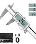 Rechargeable Digital Caliper With Large LCD Screen, Stainless Steel Measuring Tool for DIY and Household Projects shown with case and charger