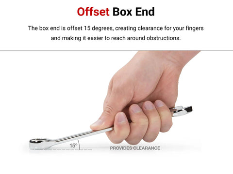 Hand holding offset box end from Stubby And Standard Length Wrench Set With Holders 50 Piece Inch And Metric Wrenches Built For DIYers