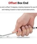 Hand holding a Forty Millimeter Combination Wrench With Angled Open End At 15 Degrees And 12-Point Box End For Twice The Access In Tight Spaces Durable Steel Hand Tool For Pros