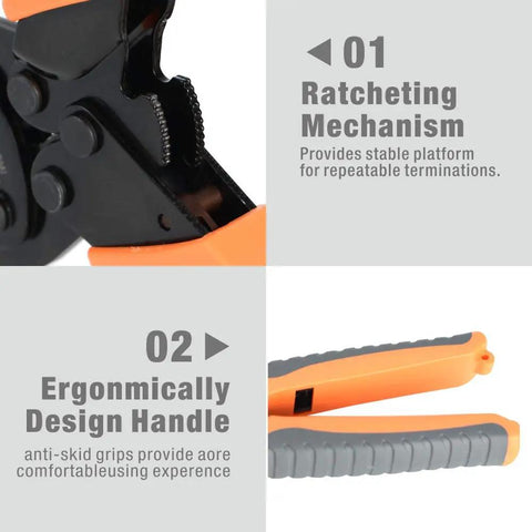 Open Barrel Terminal Crimp Tool For AWG 30 14 Contacts with ratcheting mechanism and ergonomic handle details