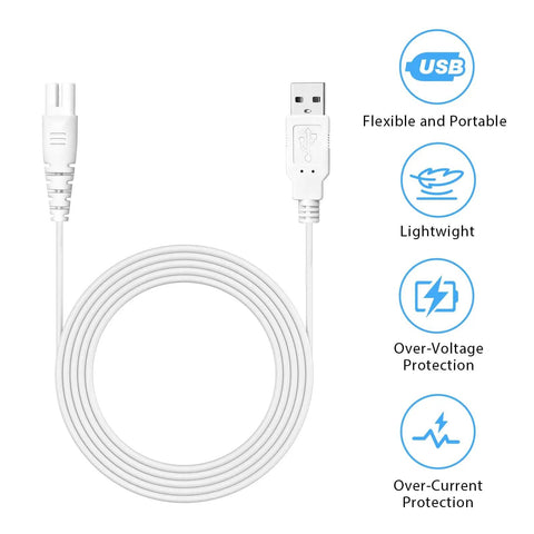 USB Water Flosser Charger That Works With All The Big Name Water Flossers Like Fairywill Aquasonic Oralfree Nicefeel MOSPRO Zerhunt Cremax And More USB Type A Cable 4 Ft 1 In Built To Last For Daily Dental Care coiled cable with icons showing features.