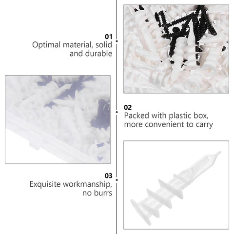 Drywall Anchor Kit With Self-Tapping Screws And Plastic Anchors, Zinc And Plastic Materials, Strong Bond For Lightweight Concrete And Gypsum Walls, 100 Piece Set, Easy To Install And Remove, Great For Shelves And Decor. Plastic box with anchors and screws