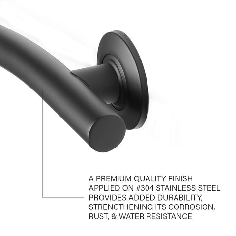 Close-up of 18 Inch Designer Wave Shower Grab Bar in Matte Black, showing mounting flange and corrosion-resistant finish.