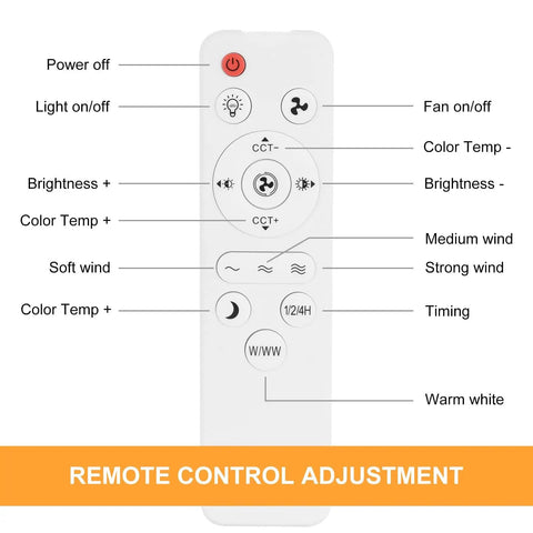 Remote control for Easy Install No Fuss Multifunctional Ceiling Fan With Light And Remote, E26 Socket Compatible, showing buttons.