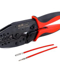 Red and black Open Barrel Deutsch DT Crimp Tool For 14-18 AWG 16 Size Stamped Contacts showing tool frame and handles.