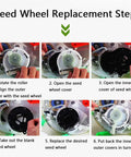 Instructions for seed wheel replacement on Hand Push Metal Garden Seeder With 7 Holes And Adjustable Seed Depth 3mm To 15mm.