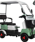 Heavy Duty Electric Golf Cart For Adults Featuring A Badass 650W Motor And Long Lasting 60V Lithium Battery, Smooth Independent Suspension, No Sweat 13 Mph Cruising, Carries 440 Pounds, Sick Ride Perfect For Golf Or Backyard Drives. Side view showing seats and basket.